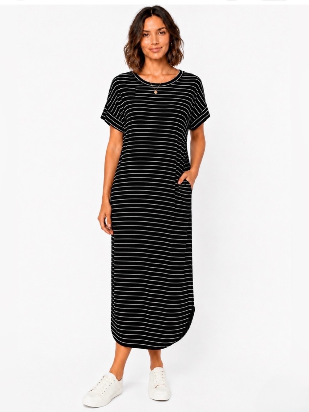 Marlee Los Angeles Black White Striped Midi Dress S Pockets